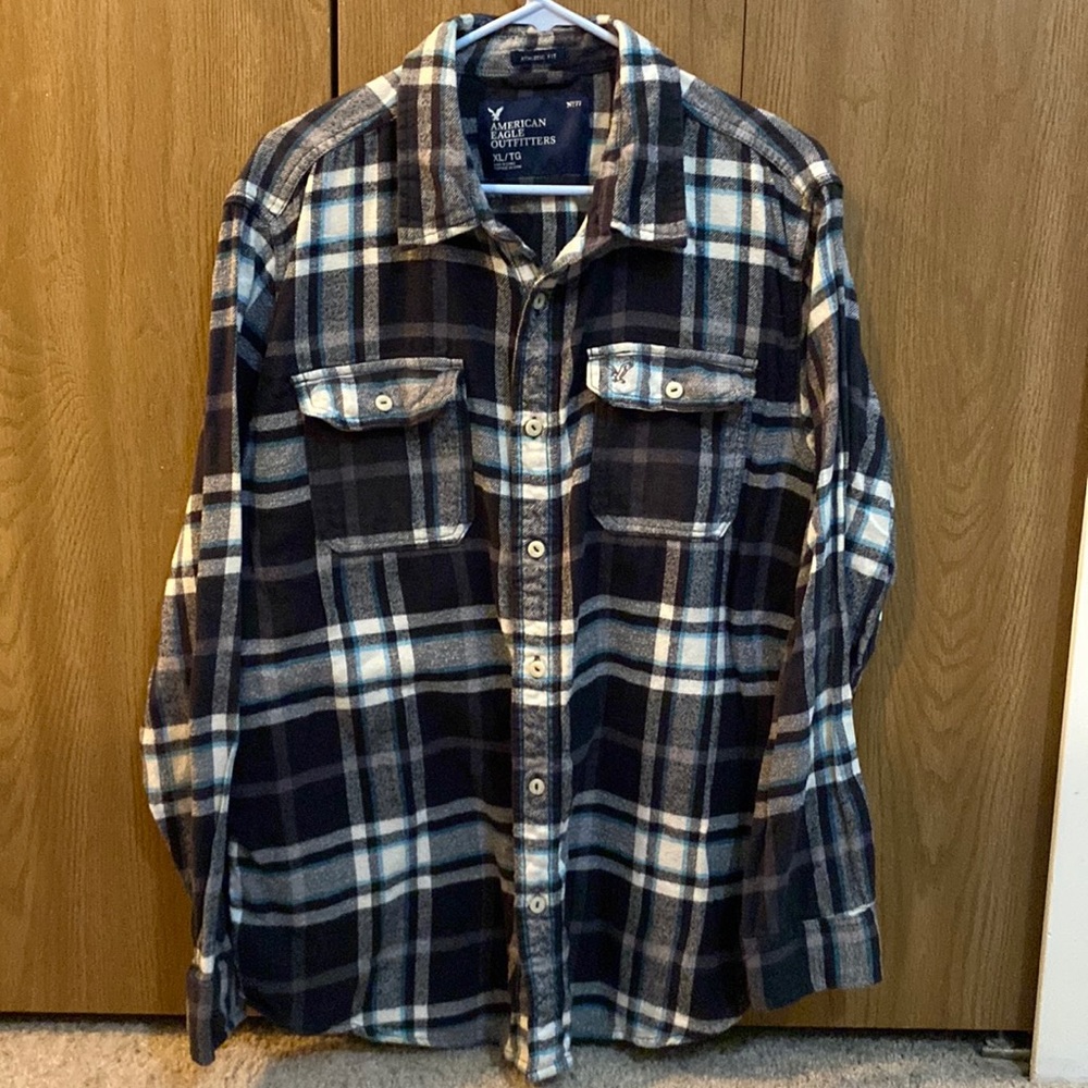 Blue, white, black, grey plaid American Eagle XL button down